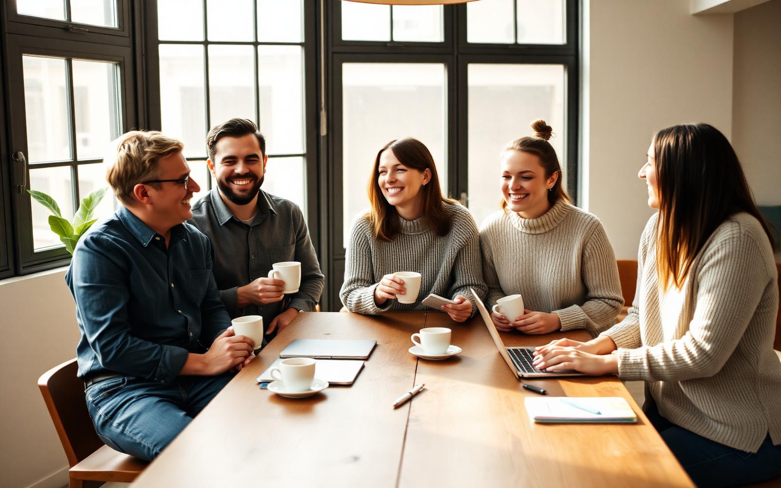 Relaxed group of Keller Williams estate agents laughing together over coffee in a sunlit workspace