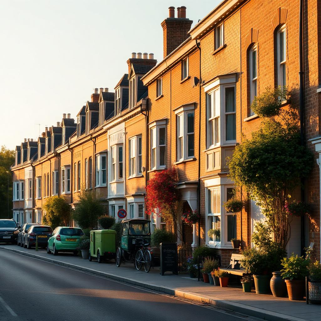 A characterful UK residential street in warm evening light