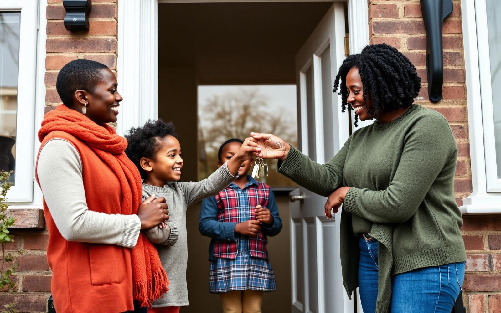 A family being handed the keys to their new home on the doorstep