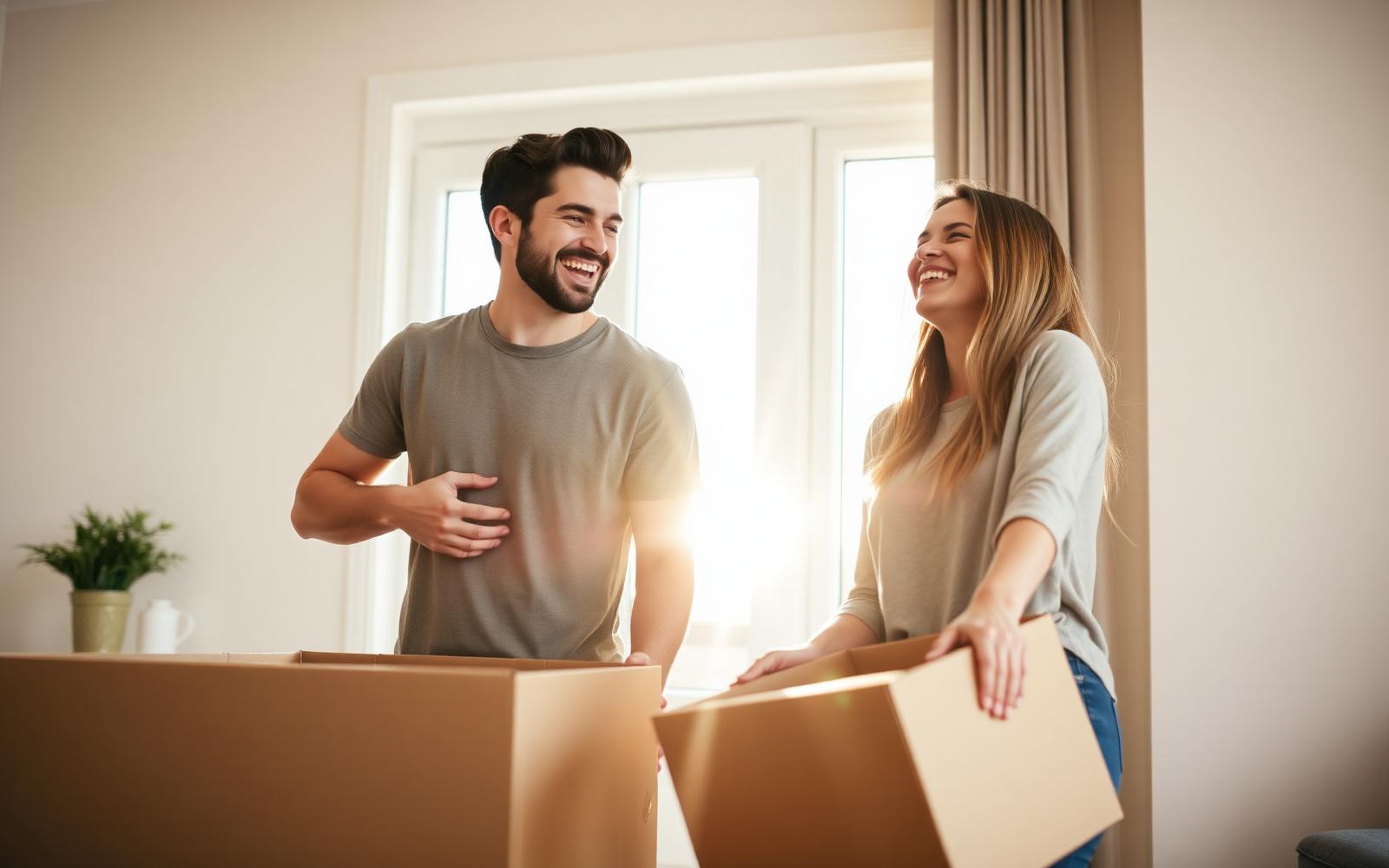 A young couple laughing while carrying boxes into their new home