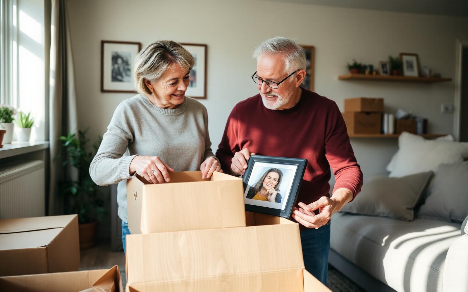 An older couple unpacking a framed photo together in their new living room